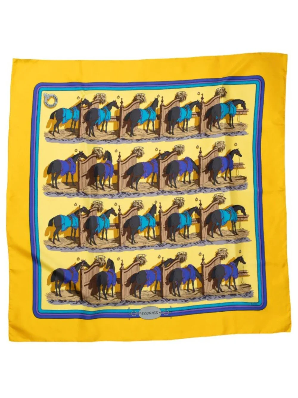Hermes Scarf Yellow Blue Brown Silk